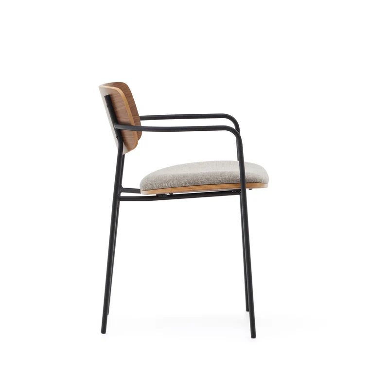 Maureen stacking chair in poplar plywood with warm tone finish and black metal legs, 100% FSC