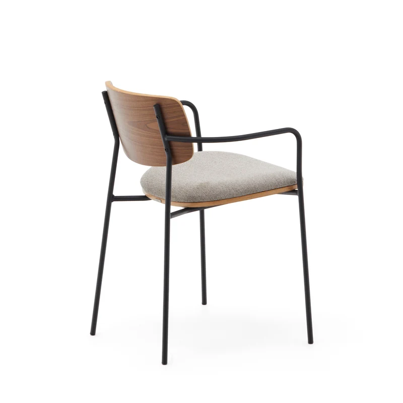 Maureen stacking chair in poplar plywood with warm tone finish and black metal legs, 100% FSC