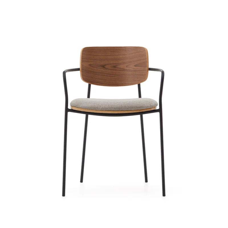 Maureen stacking chair in poplar plywood with warm tone finish and black metal legs, 100% FSC