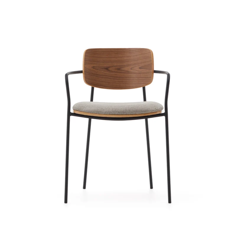 Maureen stacking chair in poplar plywood with warm tone finish and black metal legs, 100% FSC