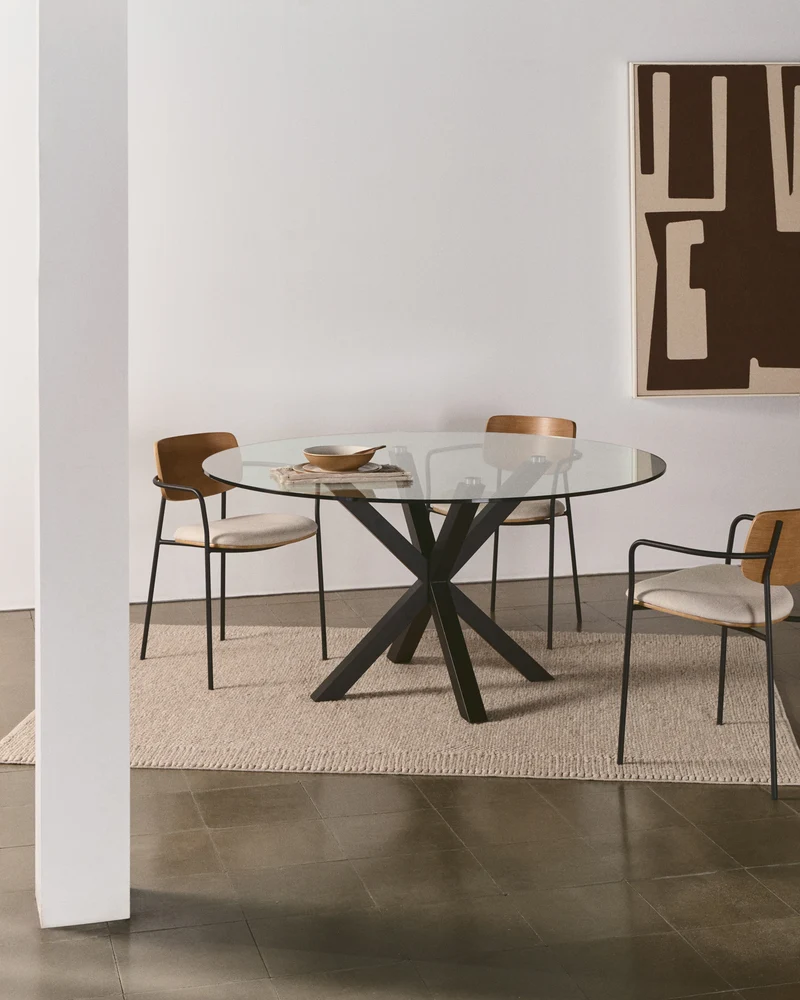 Maureen stackable chair in poplar plywood with light tone finish and black metal legs, 100% FSC.