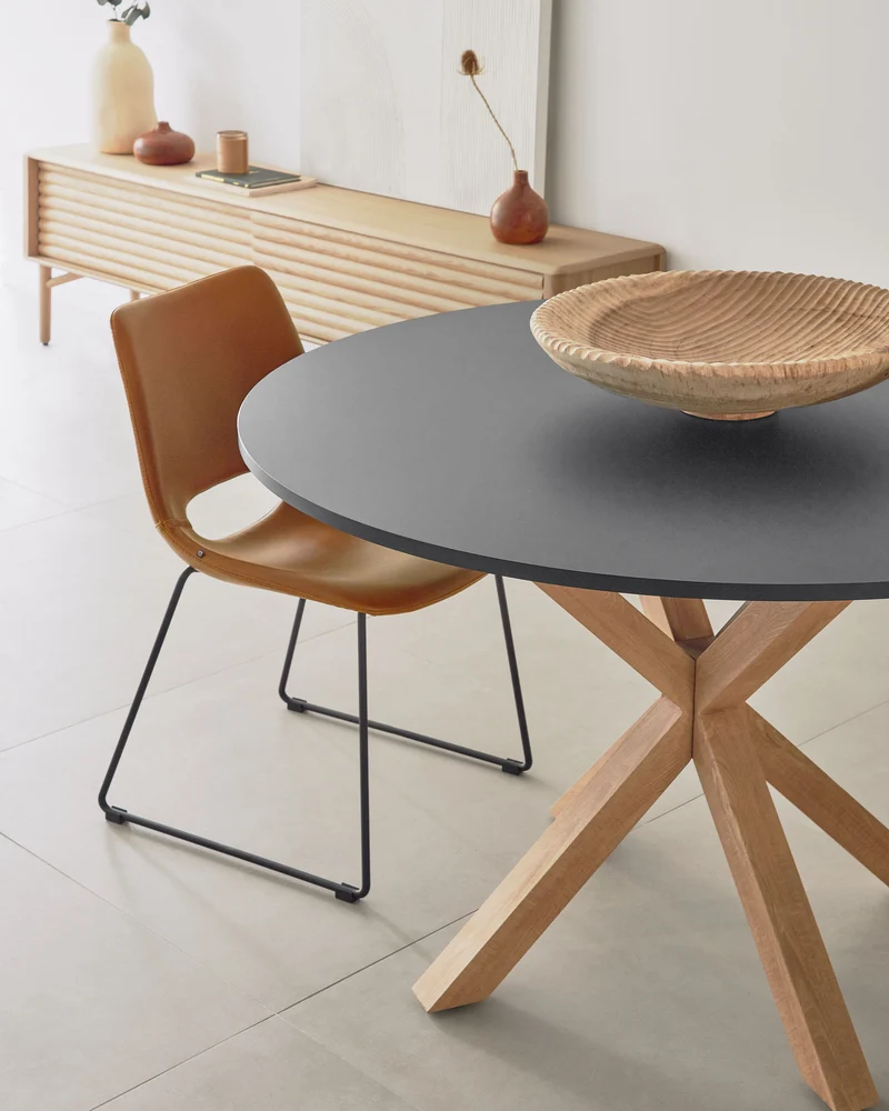 Argo black lacquered MDF round table wood effect steel legs Ø 120 cm