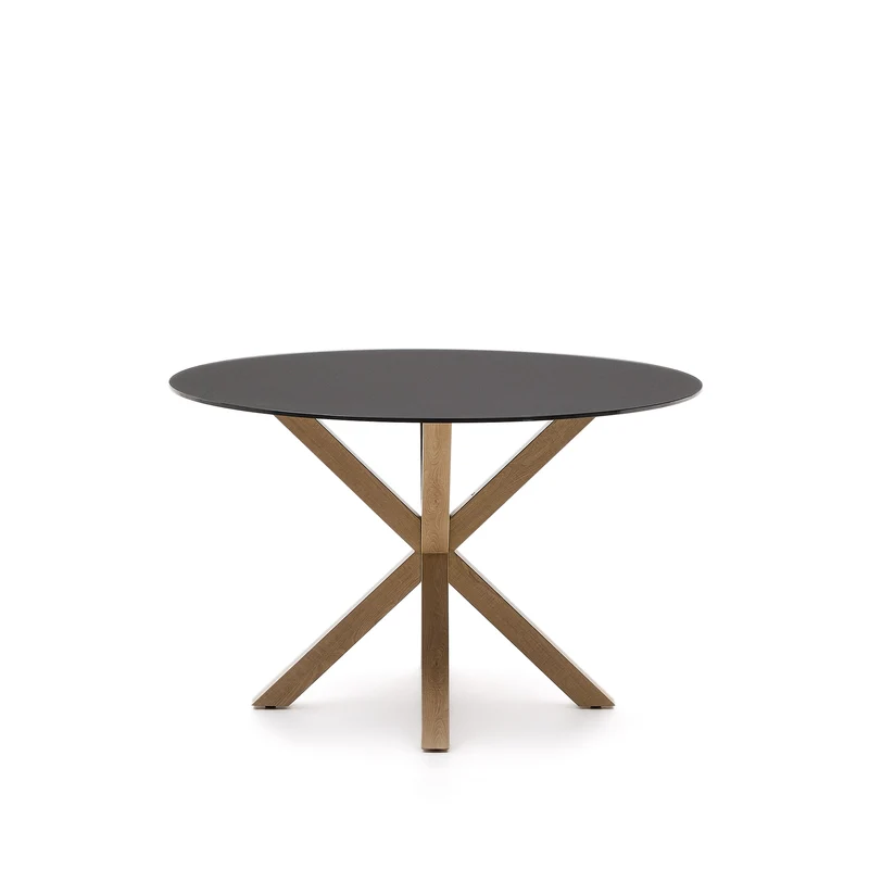 Argo round table in frosted black glass and wood effect steel legs, Ø 120 cm