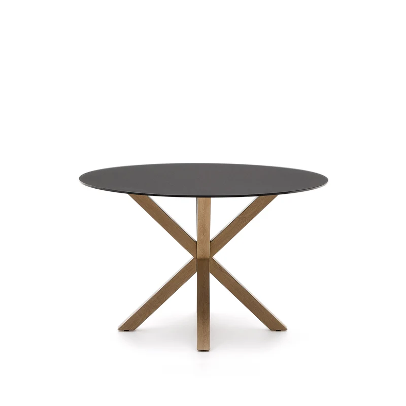 Argo round table in frosted black glass and wood effect steel legs, Ø 120 cm