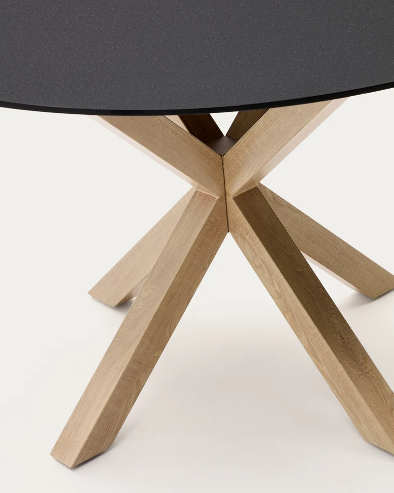 Argo round table in frosted black glass and wood effect steel legs, Ø 120 cm