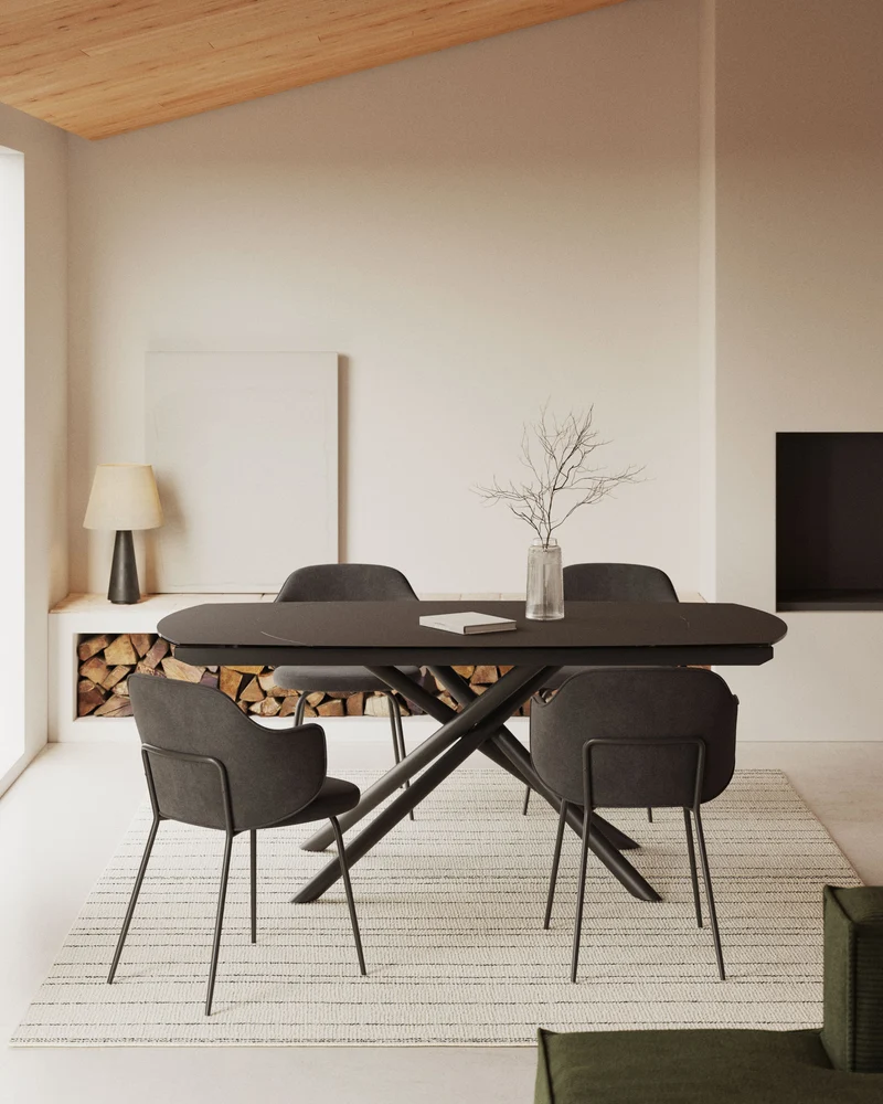Yodalia extendable table in tempered glass with steel legs in a black finish 130(190)x100 cm