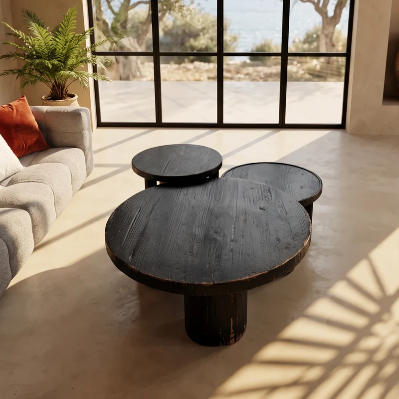TABLE BASSE ANNA EN BOIS VEILLI NOIR Ø 120cm