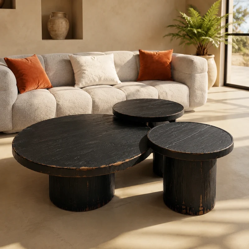 TABLE BASSE ANNA EN BOIS VEILLI NOIR Ø 120cm