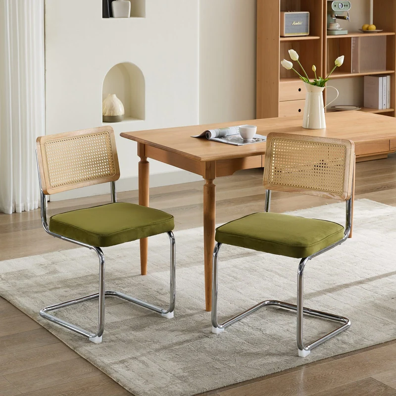 Lot de 2 chaises de salle à manger design Breuer velours vert olive, dossier cannage rotin, base chromée, style vintage FOCUSION