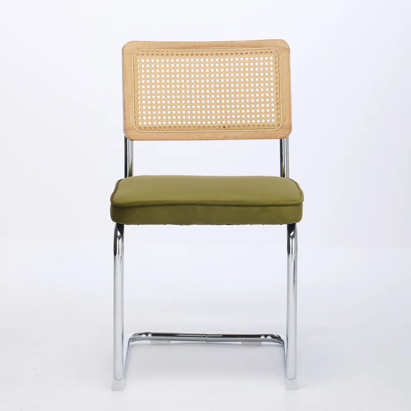 Lot de 2 chaises de salle à manger design Breuer velours vert olive, dossier cannage rotin, base chromée, style vintage FOCUSION