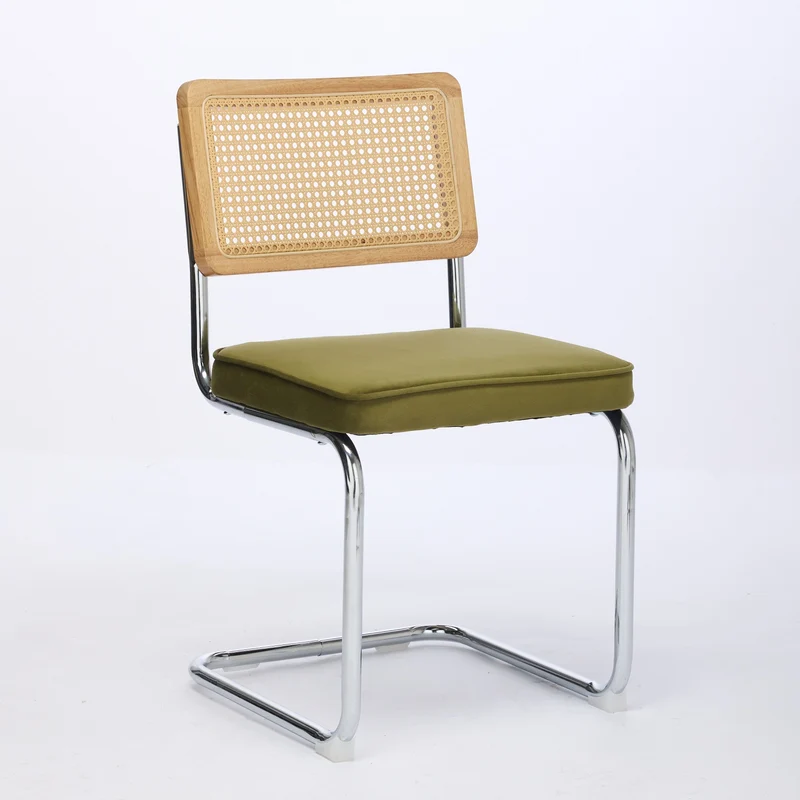 Lot de 2 chaises de salle à manger design Breuer velours vert olive, dossier cannage rotin, base chromée, style vintage FOCUSION