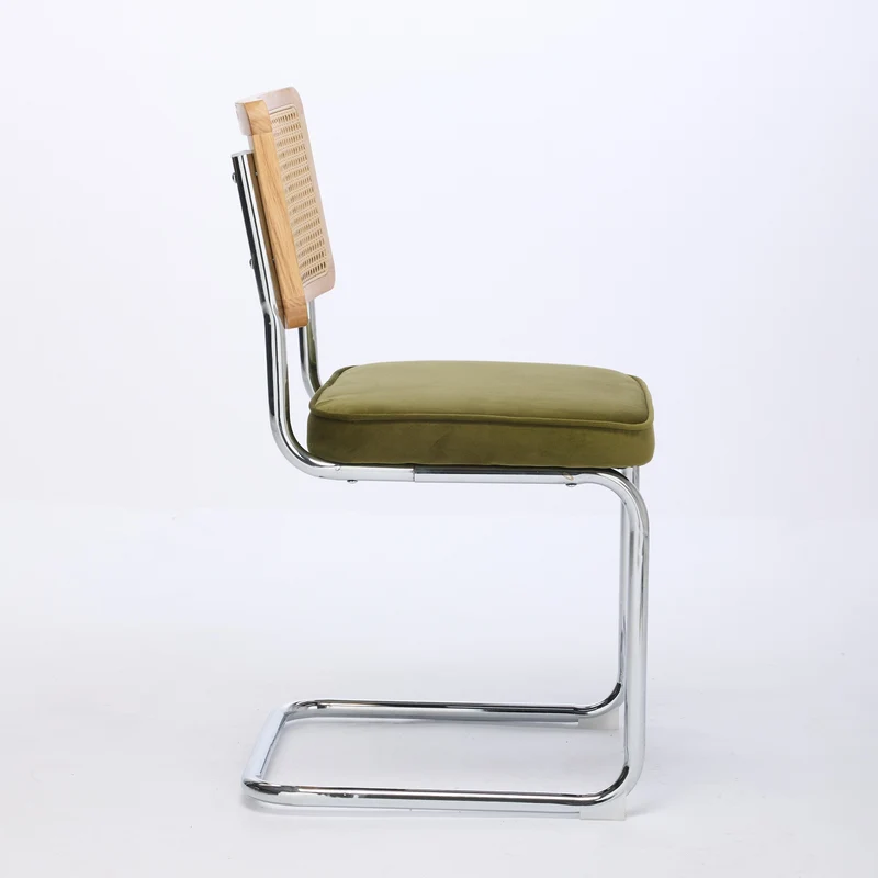 Lot de 2 chaises de salle à manger design Breuer velours vert olive, dossier cannage rotin, base chromée, style vintage FOCUSION