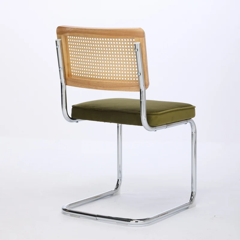 Lot de 2 chaises de salle à manger design Breuer velours vert olive, dossier cannage rotin, base chromée, style vintage FOCUSION