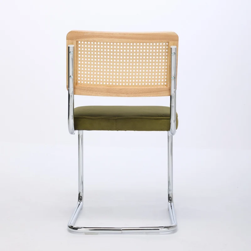 Lot de 2 chaises de salle à manger design Breuer velours vert olive, dossier cannage rotin, base chromée, style vintage FOCUSION