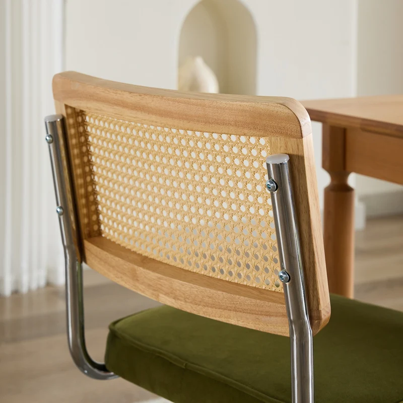Lot de 2 chaises de salle à manger design Breuer velours vert olive, dossier cannage rotin, base chromée, style vintage FOCUSION