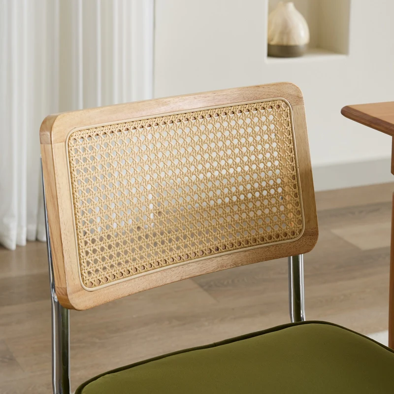 Lot de 2 chaises de salle à manger design Breuer velours vert olive, dossier cannage rotin, base chromée, style vintage FOCUSION
