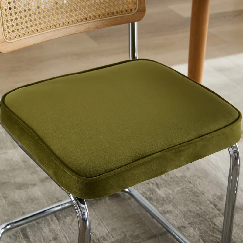 Lot de 2 chaises de salle à manger design Breuer velours vert olive, dossier cannage rotin, base chromée, style vintage FOCUSION