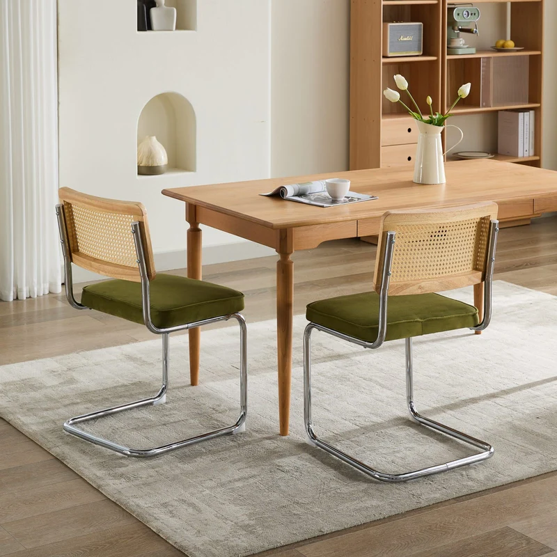 Lot de 2 chaises de salle à manger design Breuer velours vert olive, dossier cannage rotin, base chromée, style vintage FOCUSION
