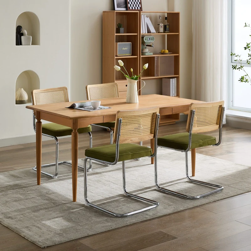 Lot de 2 chaises de salle à manger design Breuer velours vert olive, dossier cannage rotin, base chromée, style vintage FOCUSION
