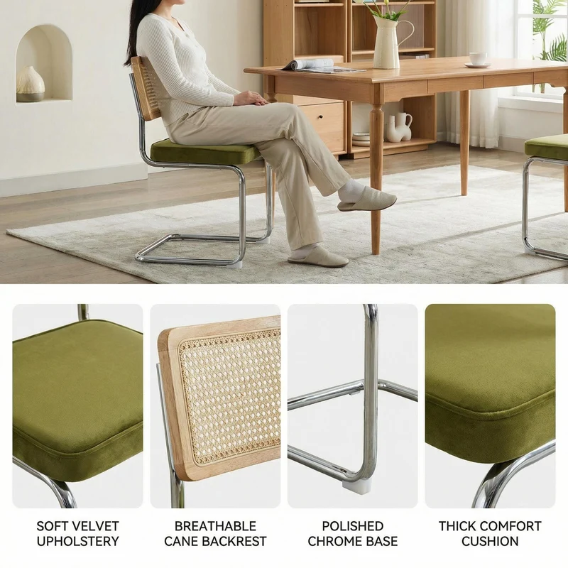 Lot de 2 chaises de salle à manger design Breuer velours vert olive, dossier cannage rotin, base chromée, style vintage FOCUSION
