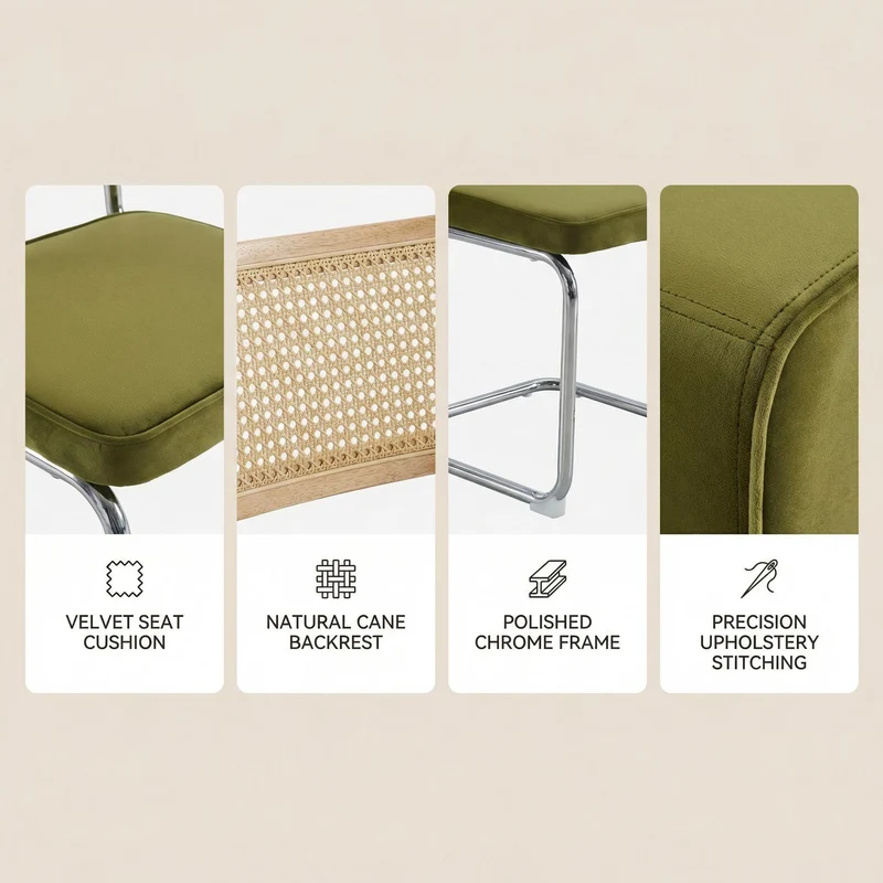 Lot de 2 chaises de salle à manger design Breuer velours vert olive, dossier cannage rotin, base chromée, style vintage FOCUSION