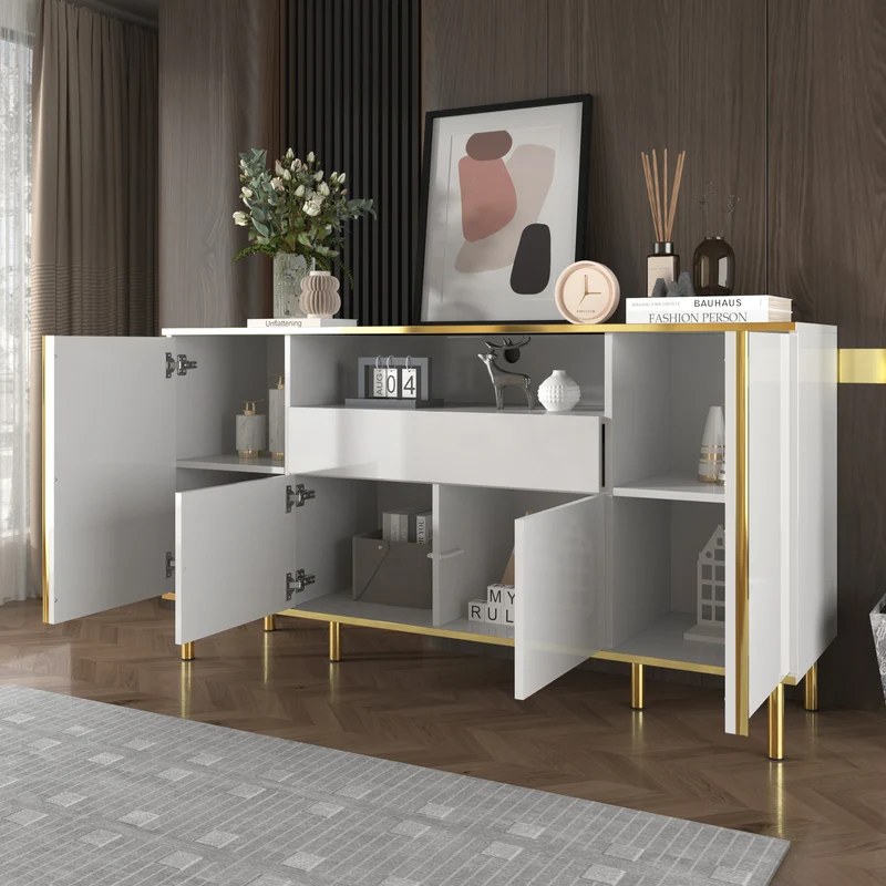 Buffet moderne luxe blanc avec éclairage LED accents dorés brillant YIRELL WHITE