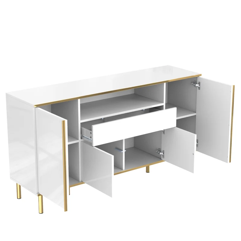 Buffet moderne luxe blanc avec éclairage LED accents dorés brillant YIRELL WHITE