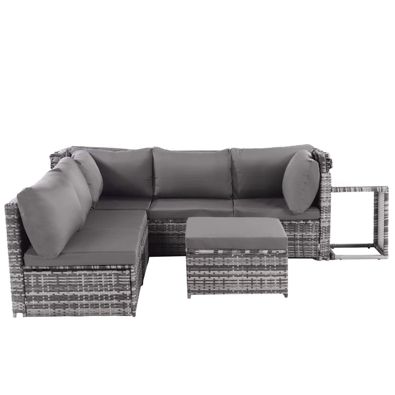 Ensemble de salon de jardin, canapé avec auvent amovible, tabouret, fauteuils et table sièges en rotin avec îlot de soleil, gris NIRKAX