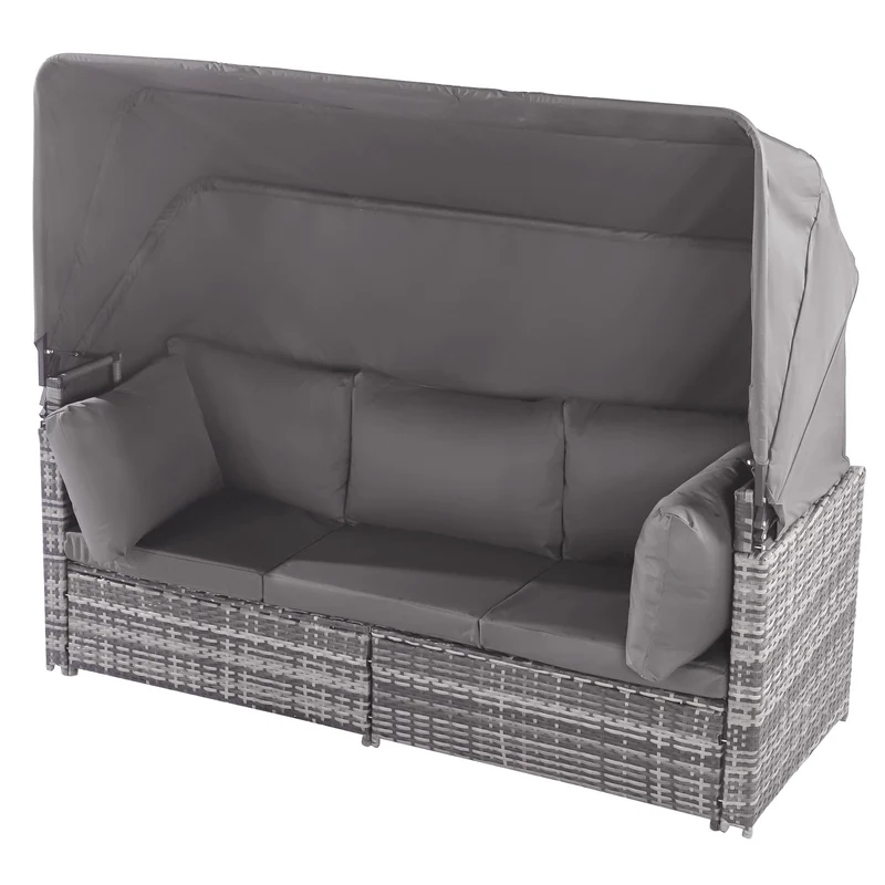 Ensemble de salon de jardin, canapé avec auvent amovible, tabouret, fauteuils et table sièges en rotin avec îlot de soleil, gris NIRKAX