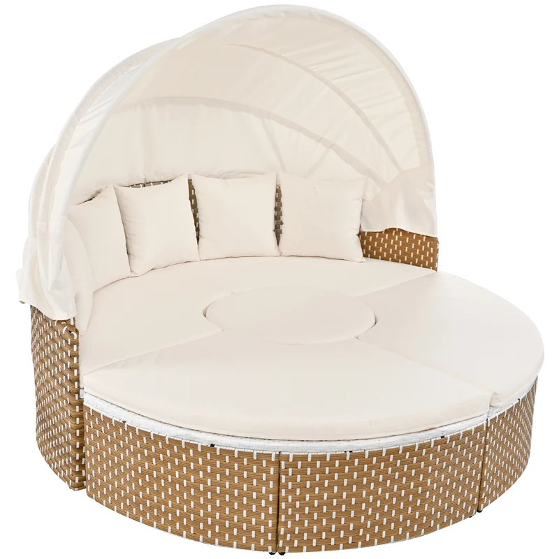 Salon de jardin rond 2-en-1 : lit de soleil modulable, une table basse avec parasol rétractable ARISELX