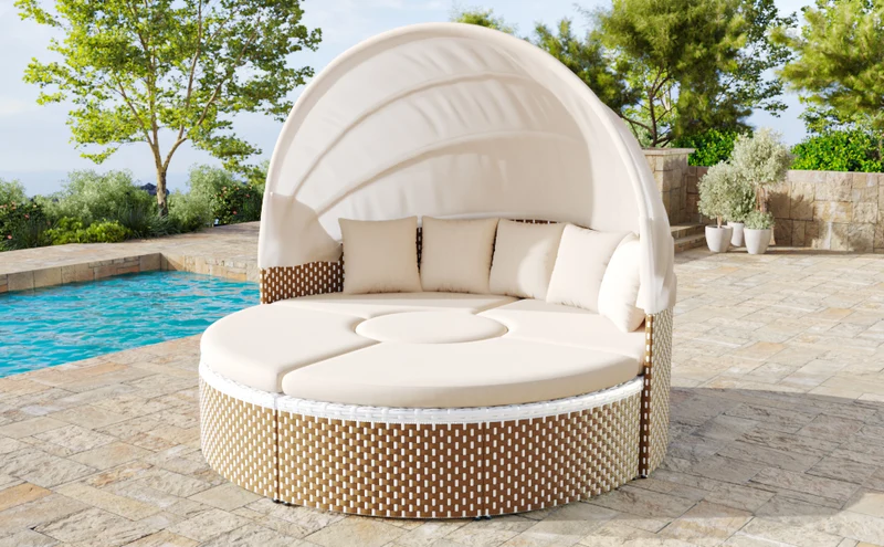 Salon de jardin rond 2-en-1 : lit de soleil modulable, une table basse avec parasol rétractable ARISELX