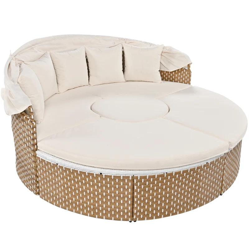 Salon de jardin rond 2-en-1 : lit de soleil modulable, une table basse avec parasol rétractable ARISELX