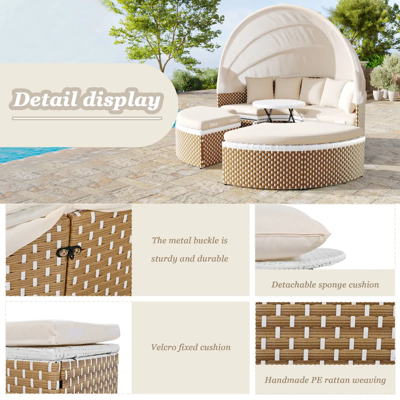 Salon de jardin rond 2-en-1 : lit de soleil modulable, une table basse avec parasol rétractable ARISELX