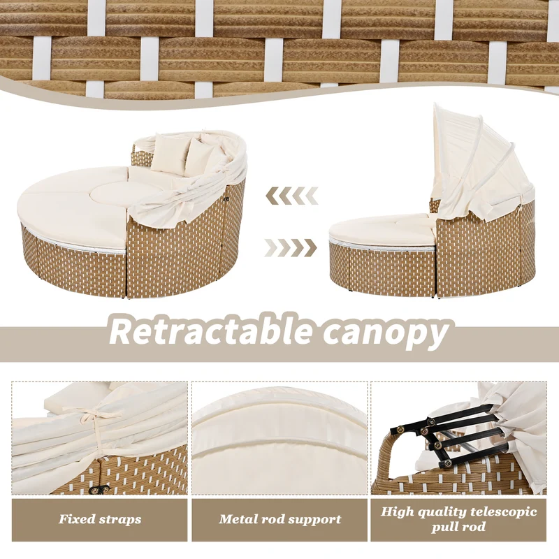 Salon de jardin rond 2-en-1 : lit de soleil modulable, une table basse avec parasol rétractable ARISELX