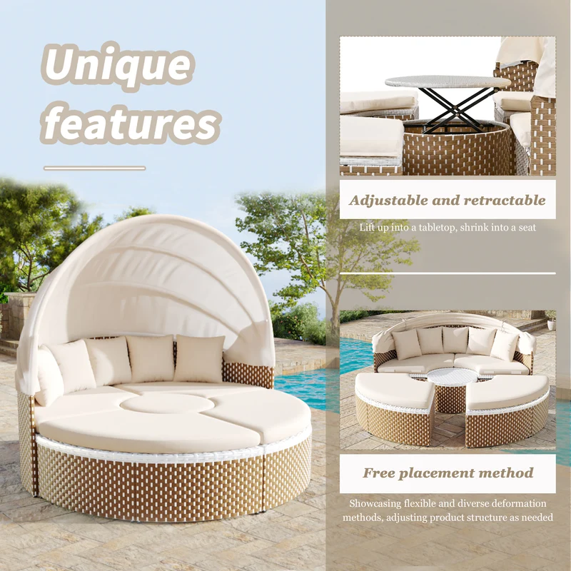 Salon de jardin rond 2-en-1 : lit de soleil modulable, une table basse avec parasol rétractable ARISELX