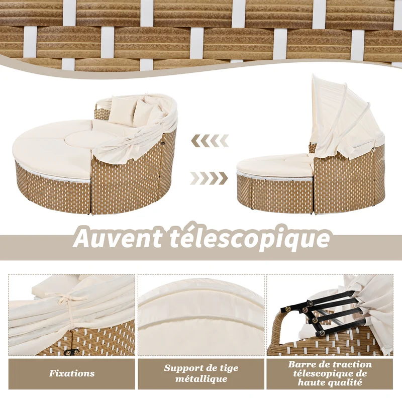Salon de jardin rond 2-en-1 : lit de soleil modulable, une table basse avec parasol rétractable ARISELX