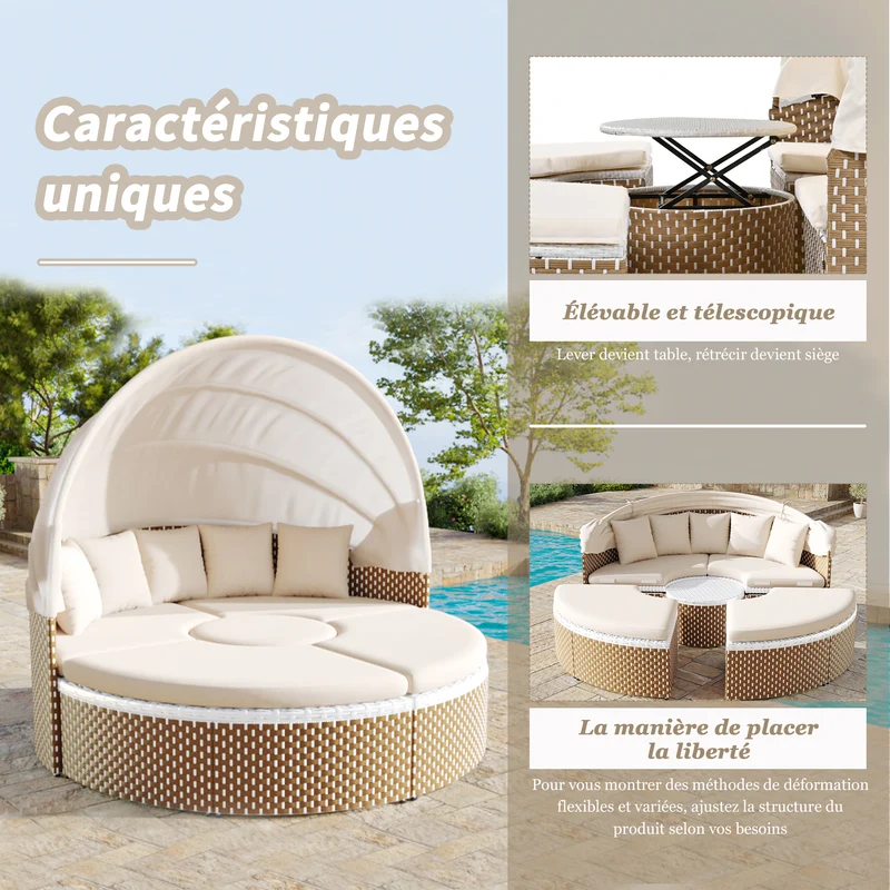 Salon de jardin rond 2-en-1 : lit de soleil modulable, une table basse avec parasol rétractable ARISELX