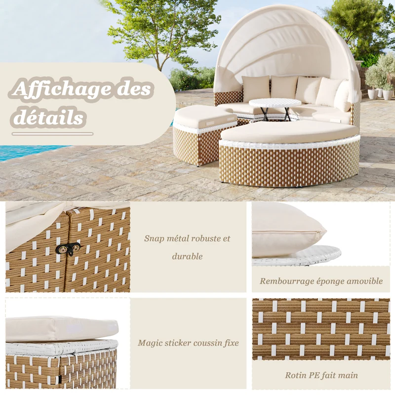 Salon de jardin rond 2-en-1 : lit de soleil modulable, une table basse avec parasol rétractable ARISELX
