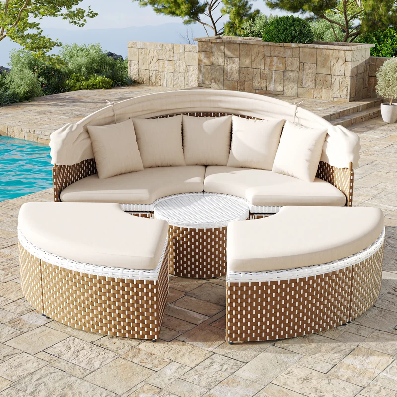 Salon de jardin rond 2-en-1 : lit de soleil modulable, une table basse avec parasol rétractable ARISELX