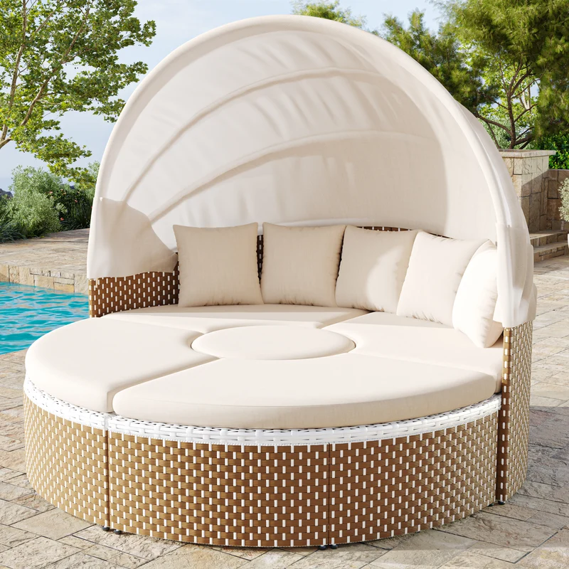 Salon de jardin rond 2-en-1 : lit de soleil modulable, une table basse avec parasol rétractable ARISELX