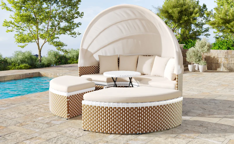 Salon de jardin rond 2-en-1 : lit de soleil modulable, une table basse avec parasol rétractable ARISELX