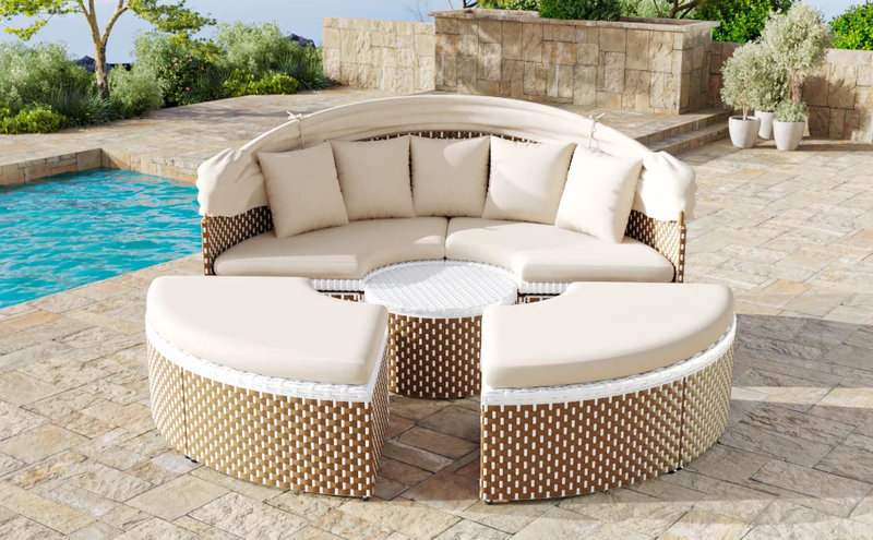 Salon de jardin rond 2-en-1 : lit de soleil modulable, une table basse avec parasol rétractable ARISELX