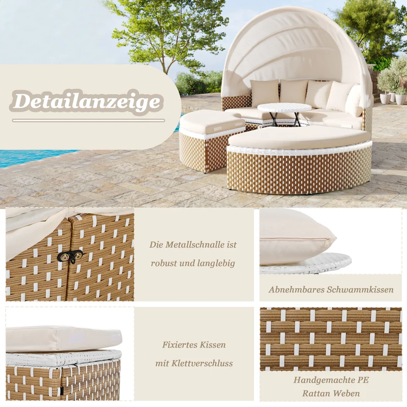 Salon de jardin rond 2-en-1 : lit de soleil modulable, une table basse avec parasol rétractable ARISELX