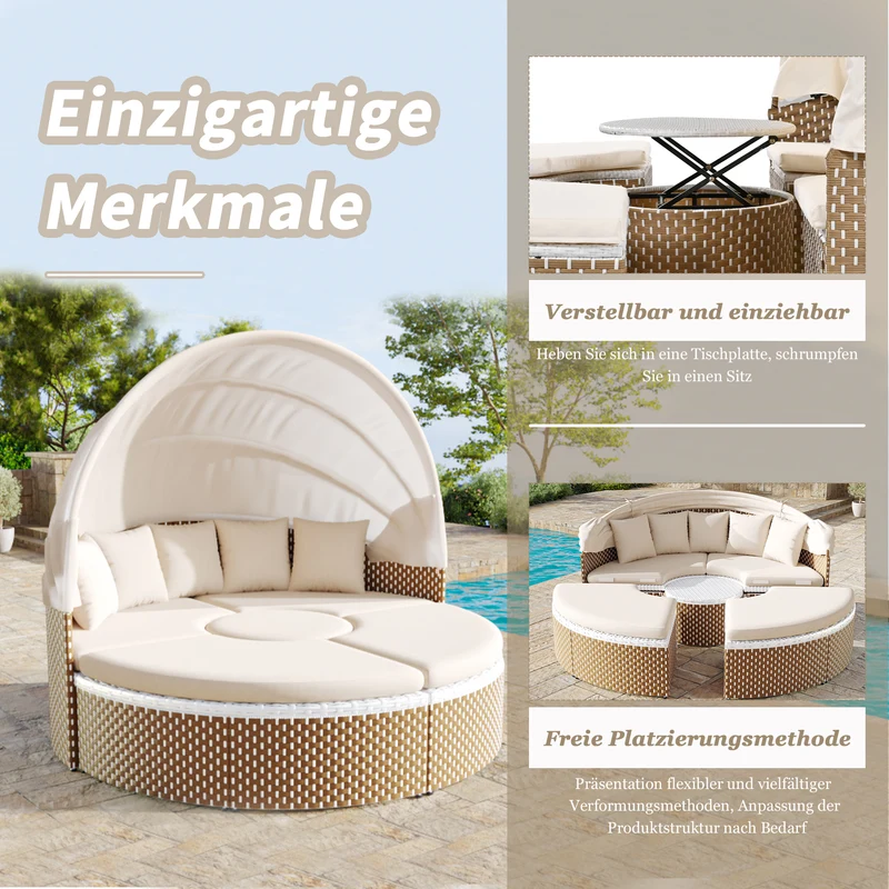 Salon de jardin rond 2-en-1 : lit de soleil modulable, une table basse avec parasol rétractable ARISELX