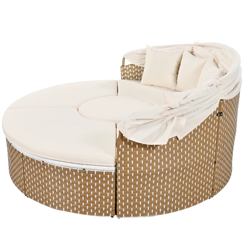 Salon de jardin rond 2-en-1 : lit de soleil modulable, une table basse avec parasol rétractable ARISELX