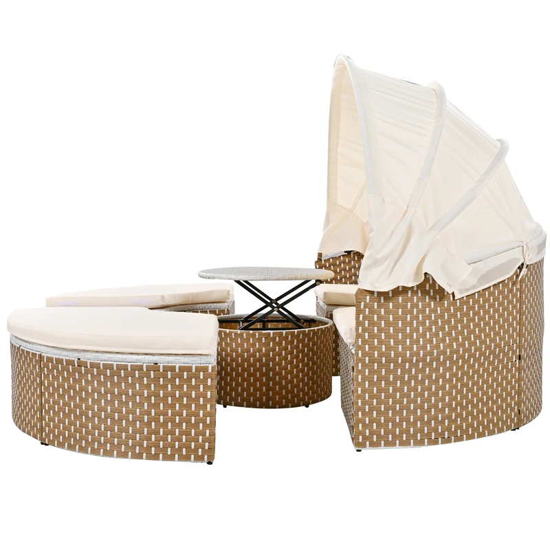 Salon de jardin rond 2-en-1 : lit de soleil modulable, une table basse avec parasol rétractable ARISELX