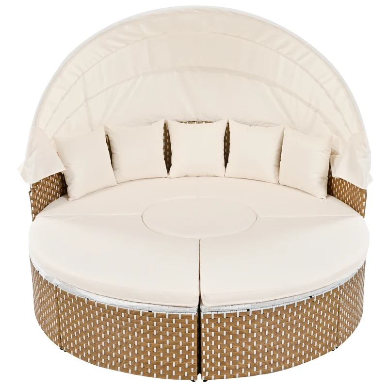 Salon de jardin rond 2-en-1 : lit de soleil modulable, une table basse avec parasol rétractable ARISELX