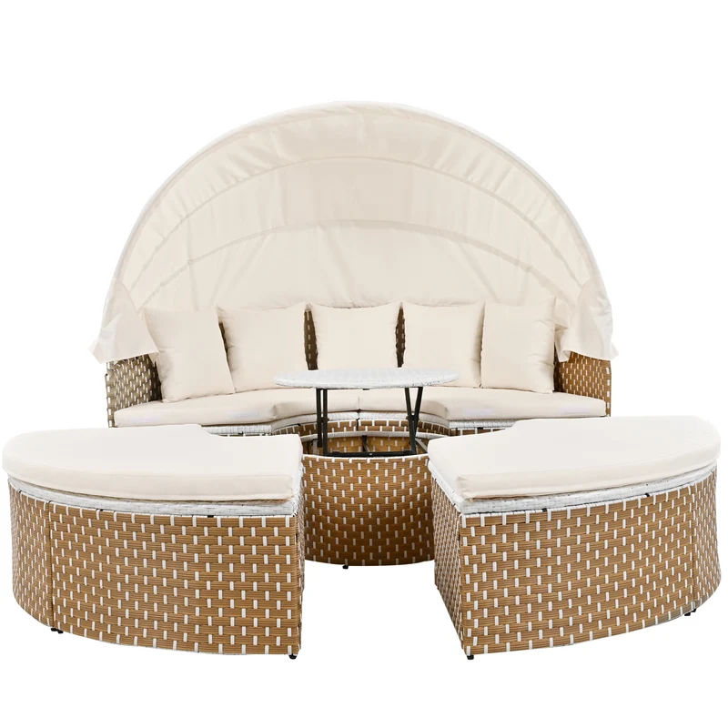 Salon de jardin rond 2-en-1 : lit de soleil modulable, une table basse avec parasol rétractable ARISELX