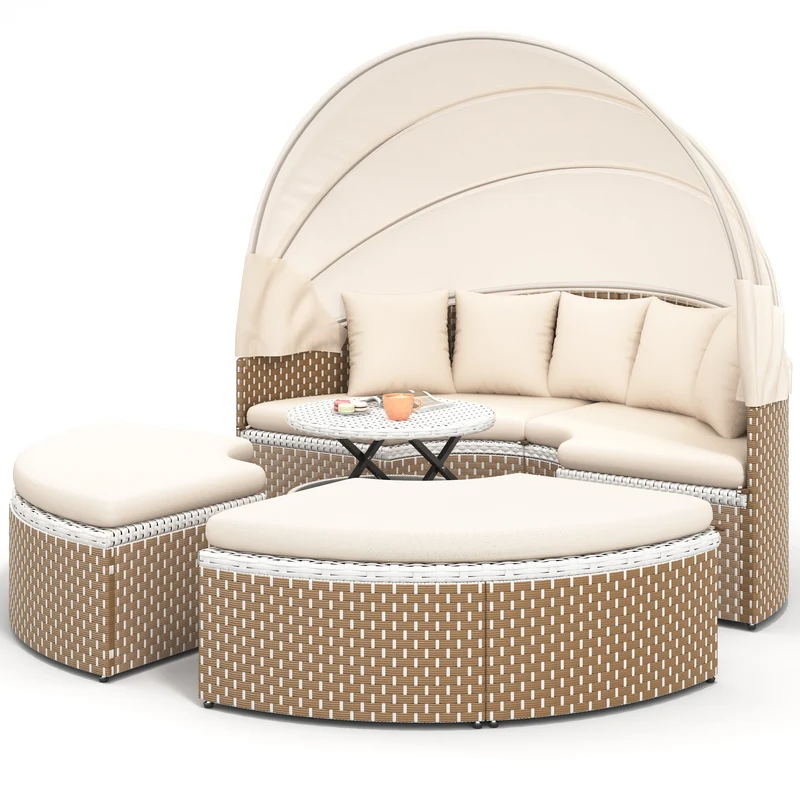 Salon de jardin rond 2-en-1 : lit de soleil modulable, une table basse avec parasol rétractable ARISELX