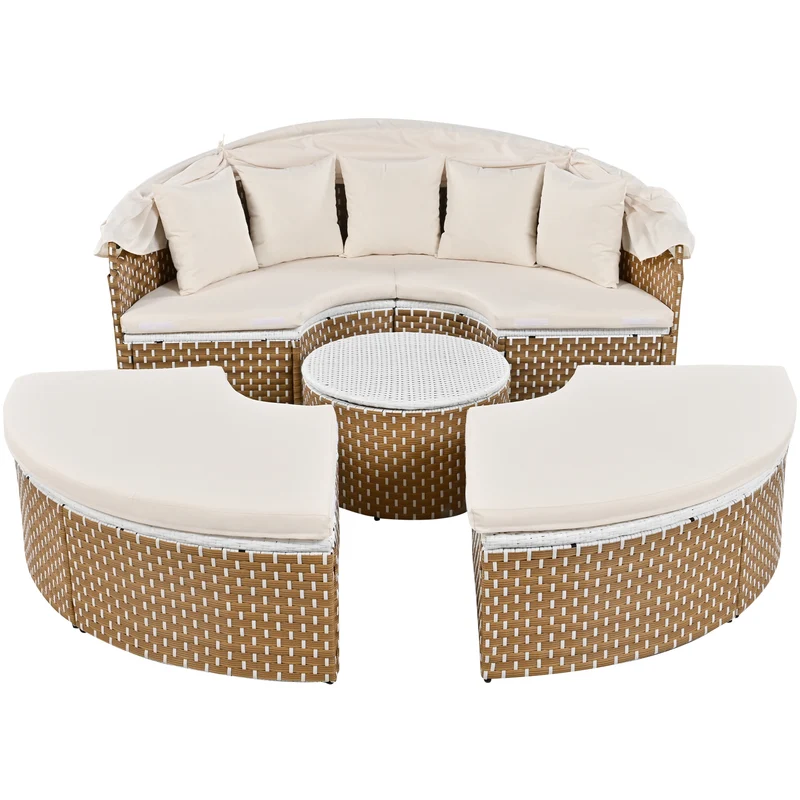 Salon de jardin rond 2-en-1 : lit de soleil modulable, une table basse avec parasol rétractable ARISELX